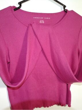 American Eagle Outfitters Women's Magenta Ribbed Twist-Front Long Sleeve Top